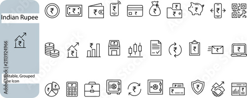 Indian Rupee currency line icon set, editable financial banking vector symbols, 30 outline investment, wallet, bank, credit card, coin,  rupee money icons for business and digital payment apps