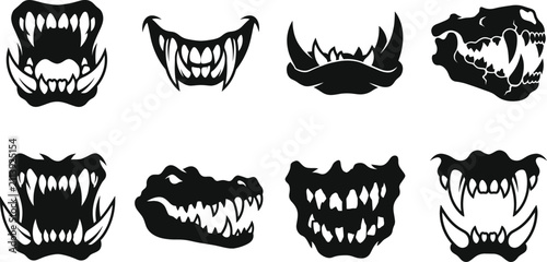 Cuadro en lienzo Monster Fangs and Predator Jaw Black Silhouette Horror Icon Collection Set
