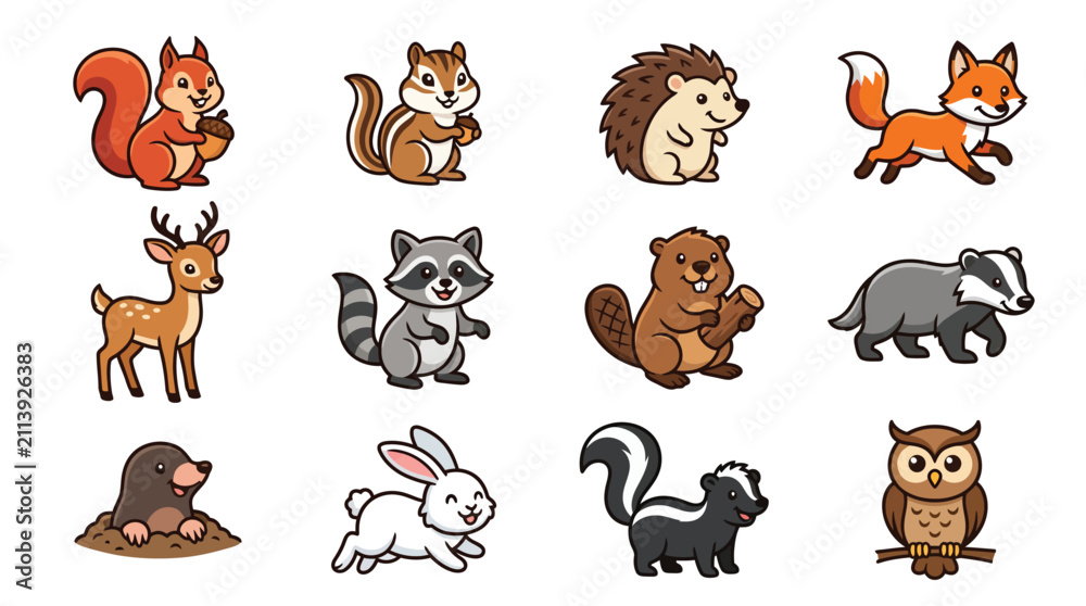 Fototapeta premium Cheerful woodland animals and forest wildlife character collection.