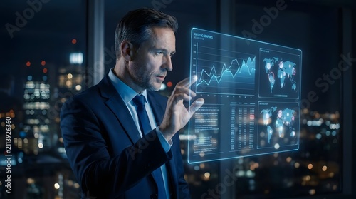 Businessman using digital holographic data interface at night