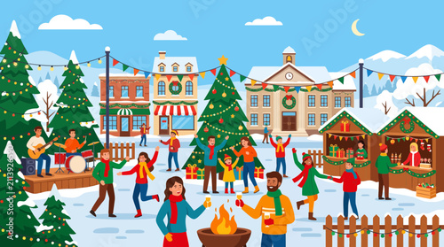 Festive Christmas Market Scene in Snowy Town Square with People Celebrating, Live Music, and Decorated Stalls