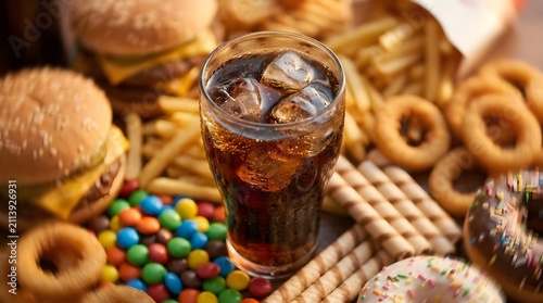 Fast food and sugary snacks with soda