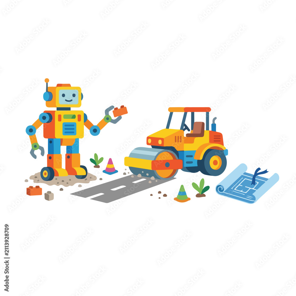Fototapeta premium This vector art shows a helpful robot holding a toy brick next to a steamroller working on a road construction site with blueprints.