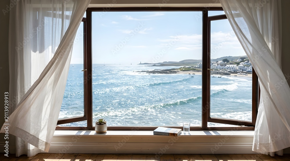 Fototapeta premium Beautiful ocean view framed by a large window, filling the room with natural light and peaceful coastal scenery. Perfect for travel, home interiors, relaxation, and seaside lifestyle concepts. 