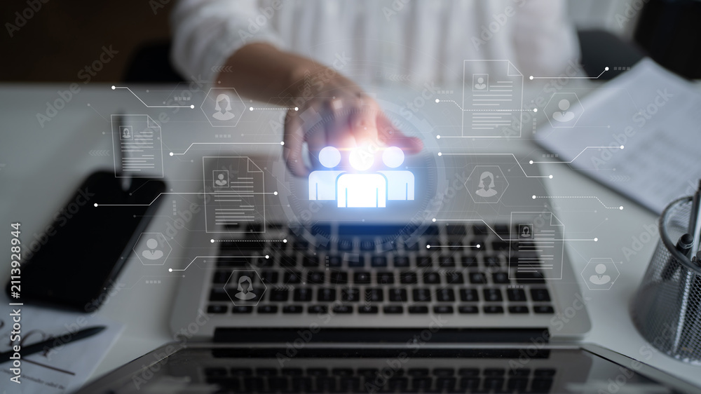 Obraz premium Concept of a digital human resources platform for workforce management. An applicant tracking system helps in team building by organizing employee and candidate profiles. Fermion