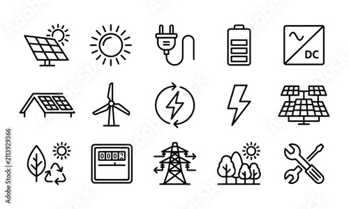 Cuadro en lienzo Renewable energy and green power generation line icon set