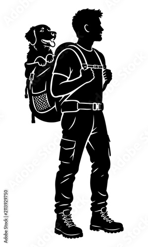 Man Hiking with Dog in Backpack – Black Vector Illustration