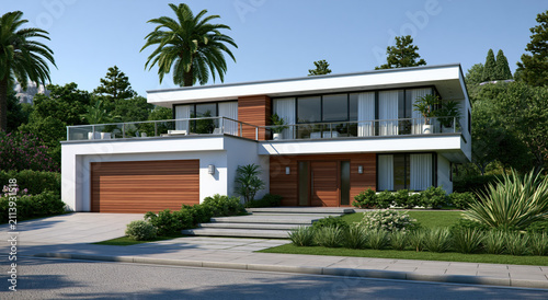 Contemporary White and Wood House with Palm Trees and Landscaped Front Yard