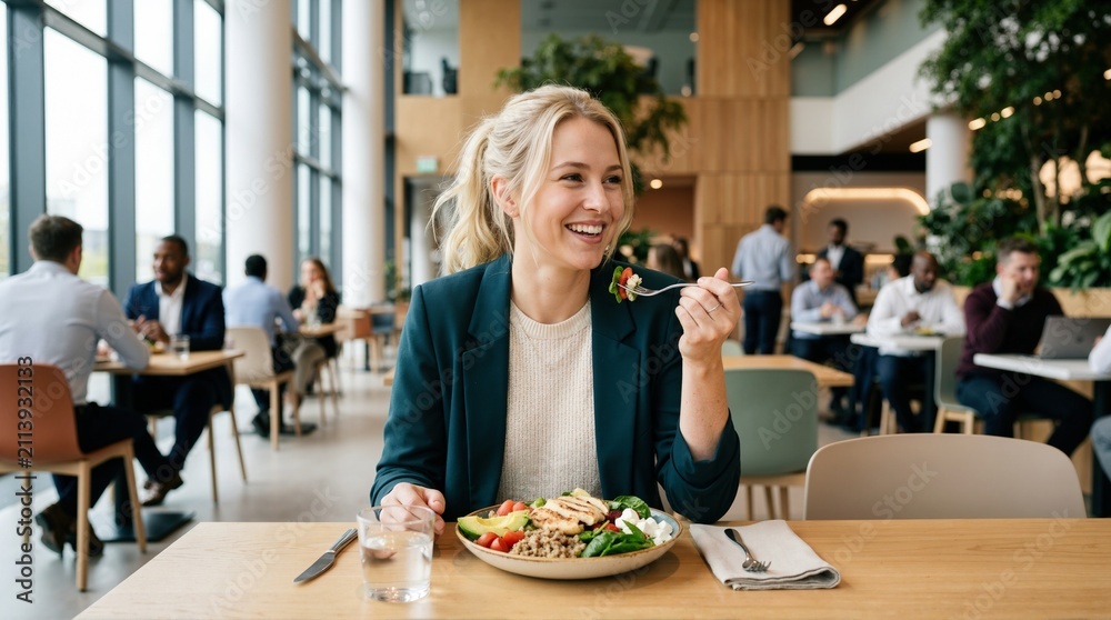 Fototapeta premium Smiling businesswoman having lunch in modern corporate cafeteria. Female employee eating salad at office canteen. Healthy lunch break concept