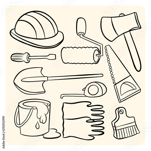 Construction Work Tools and Handyman Equipment Line Art Set