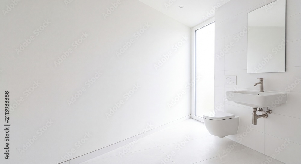 Fototapeta premium Minimalist white bathroom with a blank wall, sink, and large window