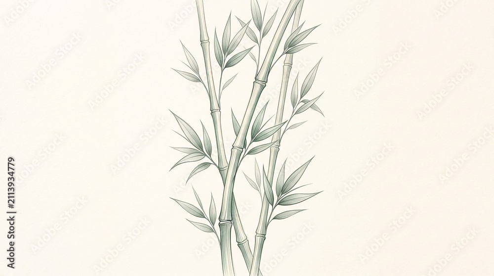 Fototapeta premium Traditional Asian Ink Wash Painting of Green Bamboo Stalks and Leaves, Zen Botanical Illustration Isolated on Solid Cream Background
