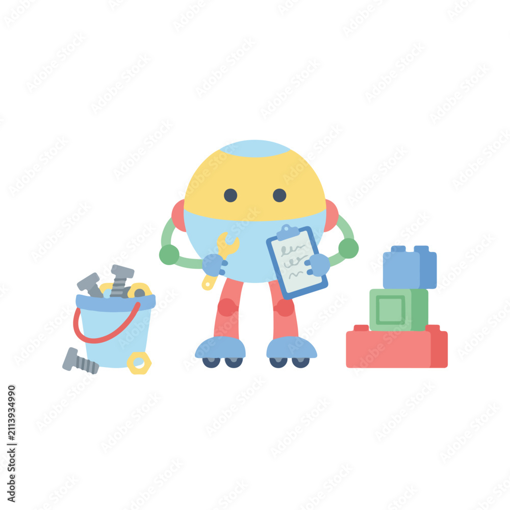 Fototapeta premium A cute round robot mechanic holding a wrench and clipboard stands between a bucket of bolts and colorful building blocks.