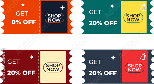 Colorful Promotional Coupon Ticket Set with Shop Now Discount Offer Templates on White Background