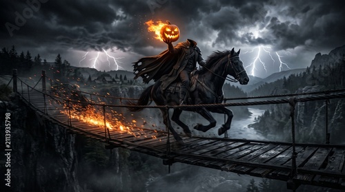 Headless Horseman Riding Black Horse Across Bridge with Flaming Jack-o'-lantern Pumpkin Head during Thunderstorm
