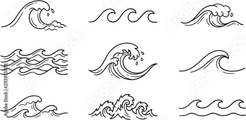 Collection Of Simple Ocean Waves Doodle Lineart Vector Clipart
