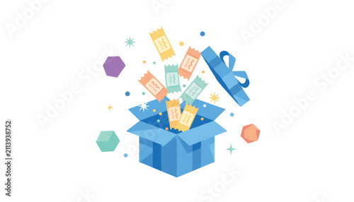 A blue gift box popping open with festive tickets and confetti floating around.