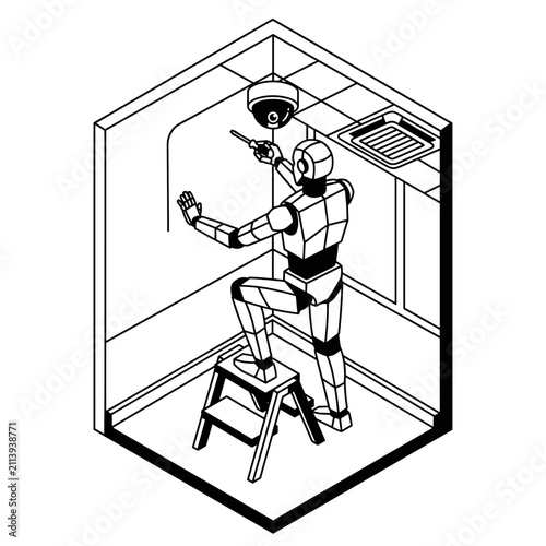 Humanoid robot repairing equipment using a stepladder.