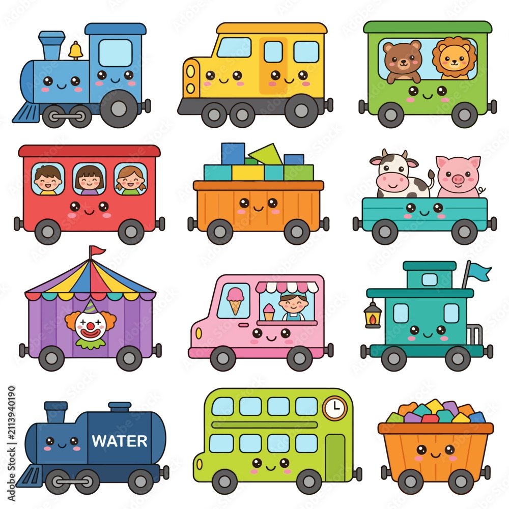Fototapeta premium Colorful Cartoon Vehicles with Animal Faces.