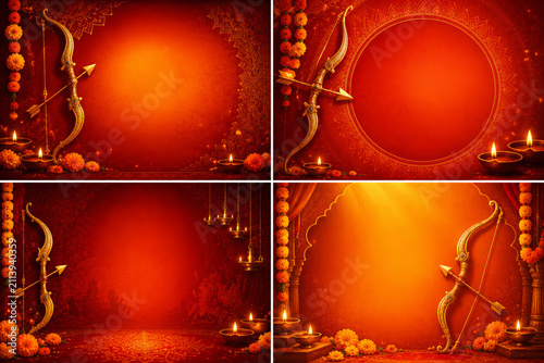 Luxury Dussehra Festival Background with Bow Arrow and Diya Lamps