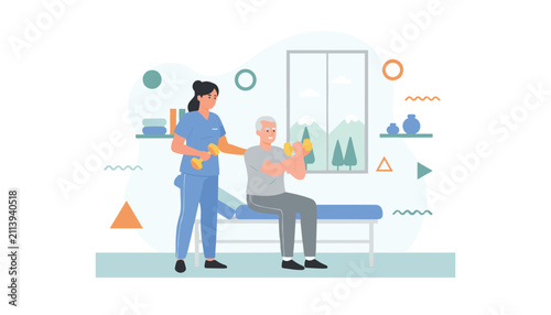 Elderly man doing dumbbell arm curl exercises with the help of a female nurse in a physical therapy clinic.