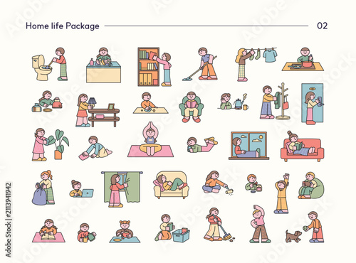 People enjoying daily home life with cleaning, cooking, reading, relaxing and self-care. Cute flat vector illustration for household activities.