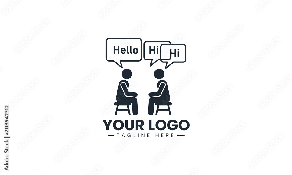 Fototapeta premium Black Vector Logo of Two People Chatting, Cross Cultural Communication Speech Bubble Art Isolated on White Background