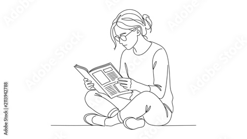 Minimalist continuous line drawing of a young woman reading a book.