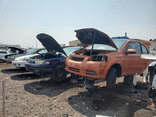 Orange and Blue Cars in a Junkyard with Hood Up for Part Sales