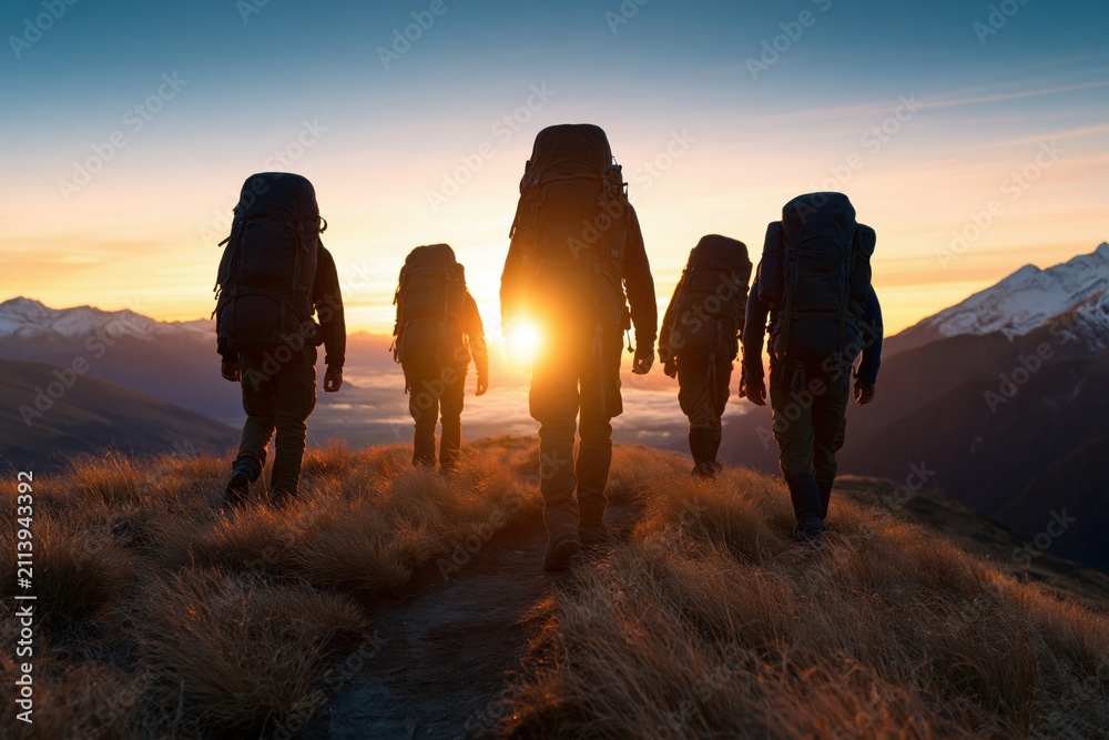 Fototapeta premium Hikers and backpackers trekking in mountains during a vibrant outdoor sunrise