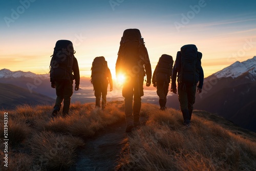 Hikers and backpackers trekking in mountains during a vibrant outdoor sunrise