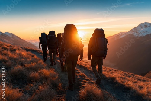 Hiking group of backpackers walking on mountains during a golden sunrise adventure