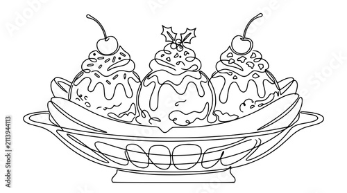 Obraz na plátně Banana Split Dessert Outline - Ice Cream Sundae Line Art