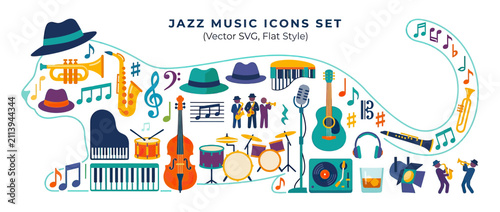 Musical Cat Silhouette Filled with Jazz Instruments and Icons