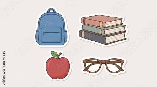 Back to School Sticker Set with Backpack Books Apple and Glasses