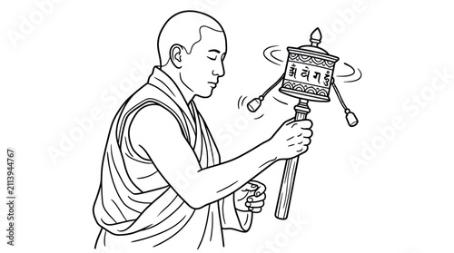 Фотография Buddhist monk spinning sacred metal prayer wheel