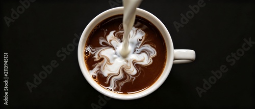 Milk pouring into coffee cup creating swirl
