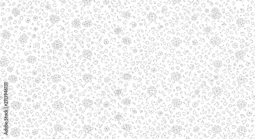 Seamless ditsy floral pattern featuring small hand-drawn flowers, leaves, and petals. Monochrome botanical line art illustration on a white background for textile or wallpaper design.