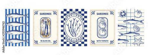 Vintage sardine packaging illustration, retro seafood tin artwork, decorative fish can design, nostalgic marine food label, classic culinary graphic