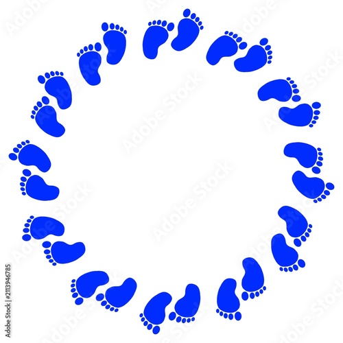 Baby footprint round frame. Baby footstep circle border. Baby circle decorative background. Children footprint silhouette circle border