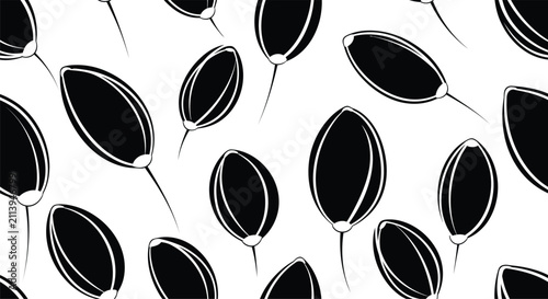 Seamless black and white pattern featuring minimalist oval seed silhouettes and delicate line stems on a clean white background for textile, wallpaper, and web design use.