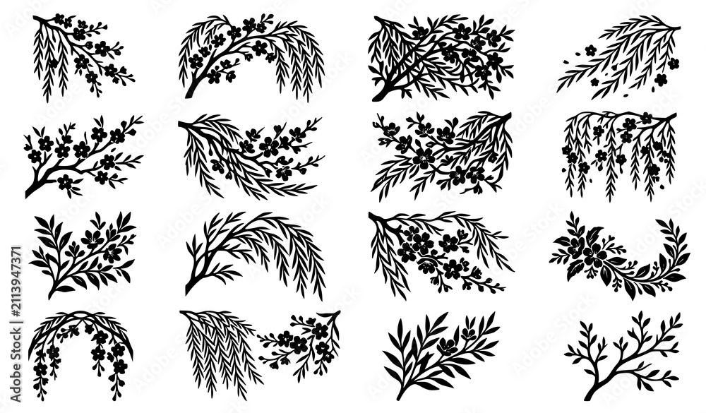Fototapeta premium Weeping Willow and Cherry Blossom Tree Branch Silhouette Set Featuring Floral Twigs Leaves and Botanical Sprigs for Asian Oriental Landscape Graphic Designs