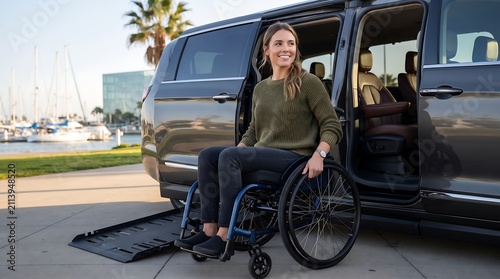 Disabled Woman In Wheelchair Exiting Accessible Van Via Ramp