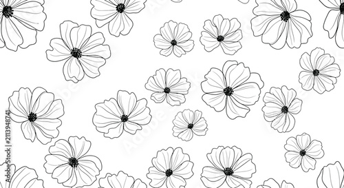 Seamless floral pattern with hand-drawn black line art cosmos flowers on a white background. Minimalist monochrome botanical illustration for textile and digital design.