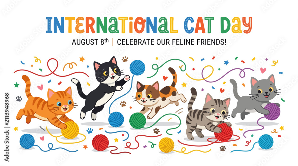 Naklejka premium Colorful illustration celebrating international cat day with playful kittens chasing yarn balls with festive scene international vibrant cartoon style