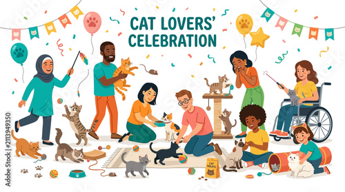 Фотография Joyful gathering of cat enthusiasts celebrating with furry friends and playful c