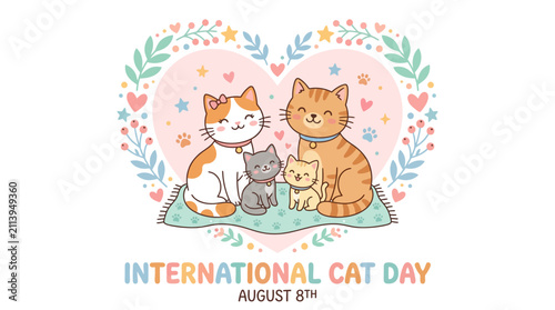 Adorable cat family inside heart frame celebrating international cat day with love with cute illustration cat animal illustration family portrait