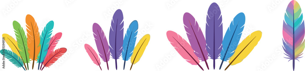 Fototapeta premium Colorful boho feathers vector collection featuring bright rainbow bird plumage arrangements and single multi color festive decoration elements