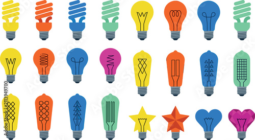Cuadro en lienzo Colorful electric light bulbs flat vector illustration set featuring modern inca