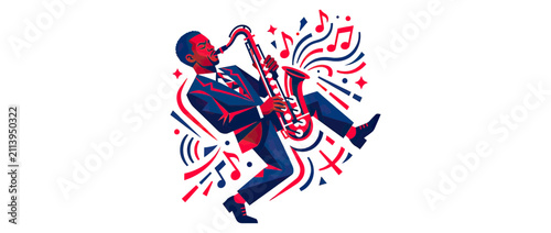 Quadro su tela Man playing saxophone with abstract musical notes